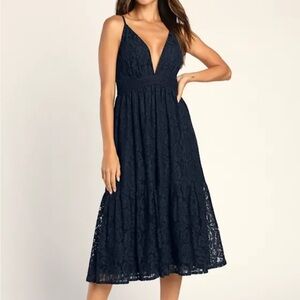 Lulus Expressions Of Style Midnight Blue Lace Sleeveless Midi Dress - Size M